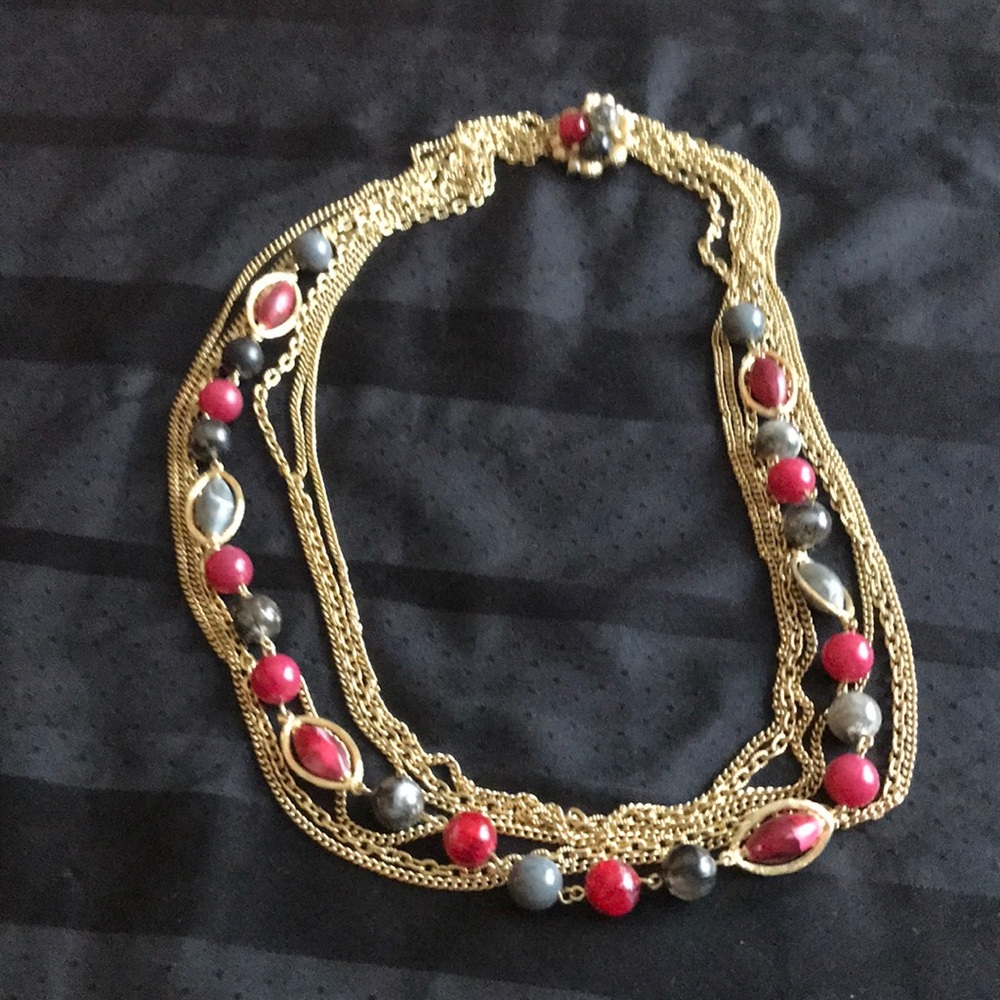 Gold tone Beaded and Multiple Chain Necklace with Beaded Clasp
